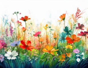 colorful abstract flower meadow with summer flowers and green blades of grass isolated on white background textured overlay decoration