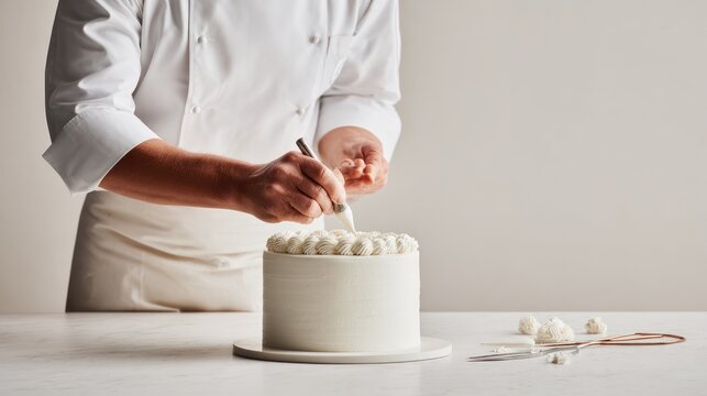 A chef decorates a white cake