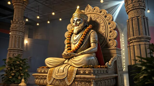 Grand Vishwakarma statue in traditional temple with columns and lights