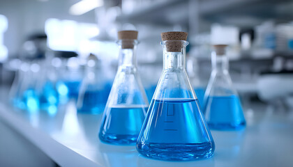 Several Erlenmeyer flasks containing bright blue liquid lined up on reflective table in modern laboratory setting. Flasks part of