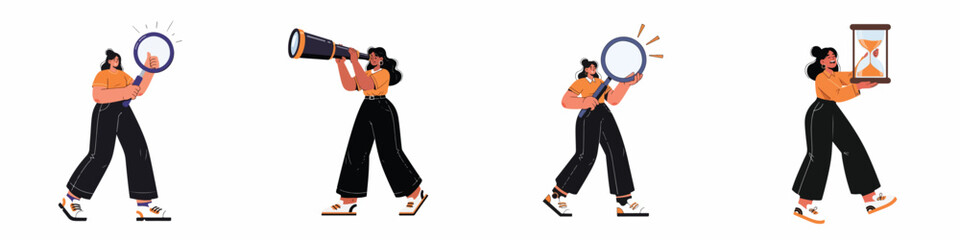 Set Vector illustration of a woman looking for opportunities, decisions, and new business ideas. She looks to the future, choosing a direction for development, researching, and observing. © Khusnul