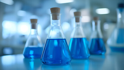 Several Erlenmeyer flasks containing bright blue liquid lined up on reflective table in modern laboratory setting. Flasks part of