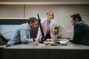 Business professionals collaborating in a modern office setting to strategize and exchange ideas...