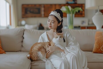 young woman listening to music and holding a beautiful cat