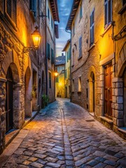 Obraz premium Narrow cobblestone street in old Italian town center at dusk
