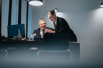 Two business people collaborate on a project in a corporate office, engaging in focused teamwork....