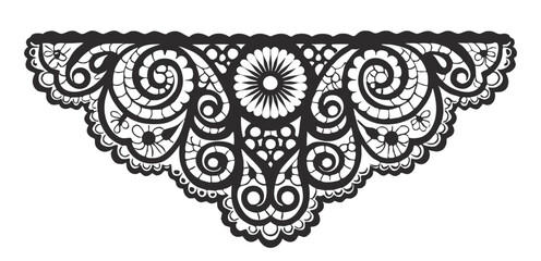 Intricate black lace ornament forming a downward pointing triangle, showcasing delicate swirls, flourishes, floral arabesques, and filigree details, creating a sophisticated and decorative element