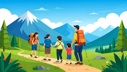 Family Hiking Mountain Trail View.