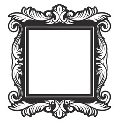 Vintage picture frame line art with swirls, flourishes, decorative elements forming detailed border suitable for artwork, photographs, graphic design applications