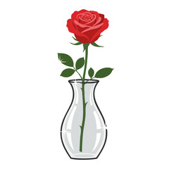 Fototapeta premium Pink Rose with Leaves in Elegant Cut-Glass Vase Flat Illustration