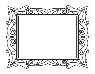 Classic rectangular line art frame with vintage swirls, flourishes, acanthus leaf motifs forming decorative border for text separation, packaging, labels, or ornamental design