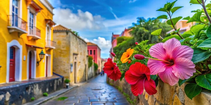 Colorful hibiscus blooms amidst old stone walls and Spanish-style architecture in a quaint Old San Juan neighborhood