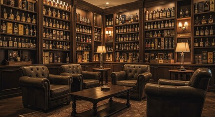 Old library interior with shelves full of vintage bottol