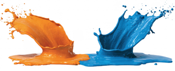 Vibrant splashes of orange and blue liquids