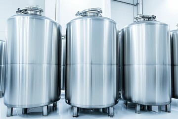 Stainless steel storage tanks used in a modern food processing facility located in an industrial area
