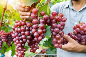 Harvesting ripe grapes in a sunlit vineyard during the evening hours of late summer in the countryside