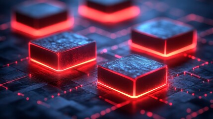Red-lit square blocks on a dark, detailed surface.