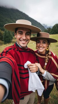 A couple of huasos wearing a chupalla and traditional attire smiling while taking a selfie in the middle of the countryside