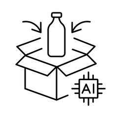 A vector icon of a box with a product and AI chip, representing intelligent packaging and product tracking with artificial intelligence, created in line style with editable stroke