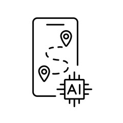 A vector icon of a smartphone with a delivery path and AI chip, representing mobile logistics management using artificial intelligence, created in line style with editable stroke