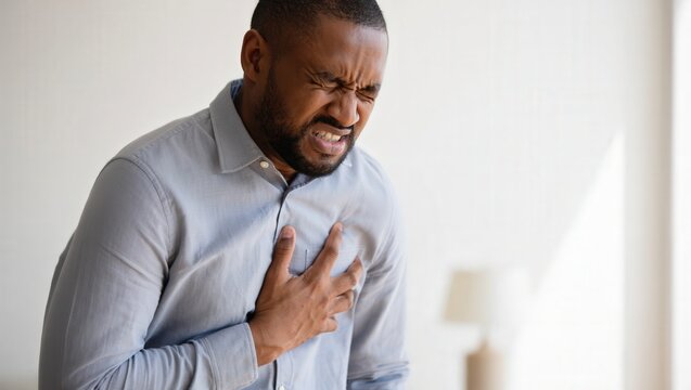 African adult male experiencing chest pain in formal shirt indoors - Powered by Adobe