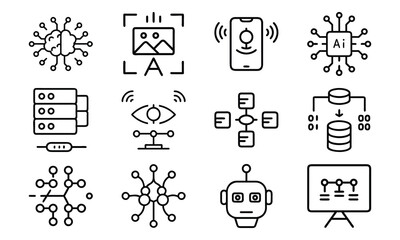 Fototapeta premium Artificial Intelligence and Machine Learning Icon Set – AI, Neural Network, Data Mining, Computer Vision, Voice Recognition, and Robotics Line Icons for Tech and Software Design