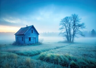 Fototapeta premium Misty morning in a foggy field with an abandoned blue house standing alone