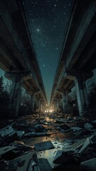 Obraz premium Crumbling highway overpass with scattered debris on night survival line art