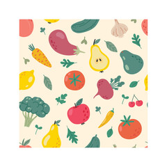 Colorful fruits and vegetables create a seamless pattern, promoting healthy eating habits and celebrating the vibrancy of fresh produce on a light yellow background
