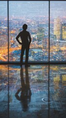Fototapeta premium A strategic thinker analyzing complex data on an interactive screen with a panoramic city view reflecting the intersection of business acumen and techdriven solutions in a contemporary