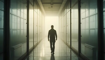 Fototapeta premium Man walking alone in bright hallway light, corridor perspective, loneliness concept art