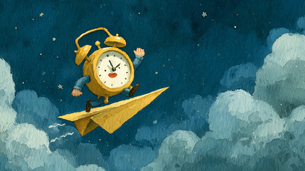 The ticking clock flies on a paper airplane as time slips away into the starry night sky deadline looms
