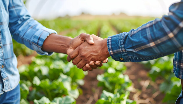 Farmers handshake with green field.