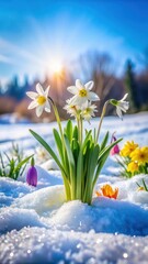 Spring Flower Bloom Under Snowy Landscape