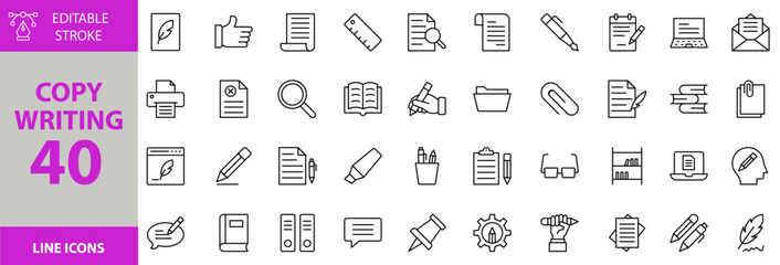 Copy writing icon set. Containing Vector pictograms of copywriting, marketing, business, communication, writing, digital, content, advertising, creative, growth, text, corporate and more icons.