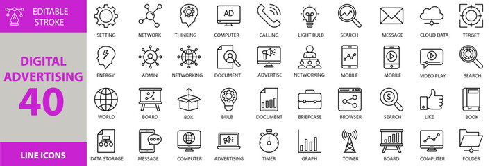 Digital advertising icon set. Containing Vector pictograms of digital, advertising, marketing, online, internet, business, technology, analytics, strategy, global and more editable icons.