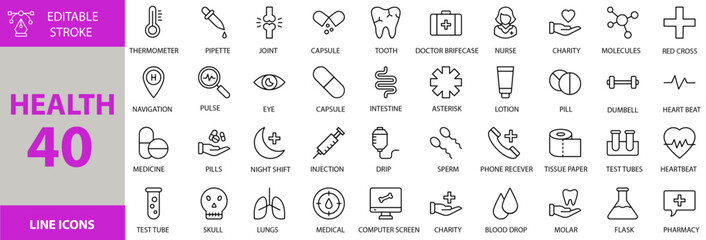 Health icon set. Containing Vector pictograms of health, medical, healthcare, medicine, wellness, hospital, doctor, clinic, care, medicalcare, healthy, emergency, firstaid, pharmachy icons.
