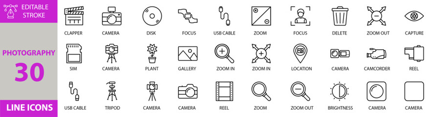 Photography icon set. Containing Vector pictograms of photography, camera, photo, picture, image, digital, studio, lens, shutter, capture, album, frame, gallery and more icons. Victor illustration.