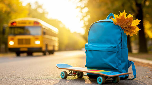 A blue school backpack is decorated with a bouquet of autumn leaves next to a skateboard on the background of a school bus