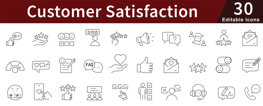 Customer Satisfaction Line Icons Set with Editable Stroke for Feedback, Rating, Service Quality, and Client Experience