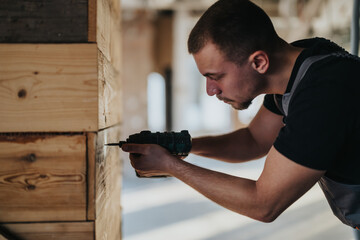 A skilled worker engaged in using a power drill to assemble a wooden structure, demonstrating...