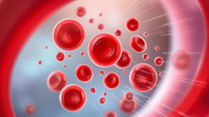 3D illustration of red blood cells in a red background.