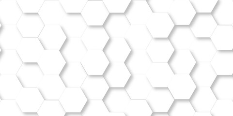 Abstract white hexagon geometric science and mosaic tile with template texture background. Minimal white hexagonal hexagon modern technology creative emboss light honeycomb polygonal web.