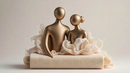 Abstract gold figures on textured fabric with draped cloth