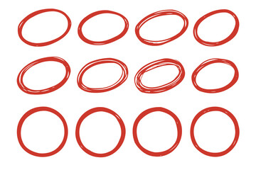 Hand Drawn Red Circles and Ovals Doodle Style Highlight Frames and Ellipses Vector Set