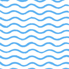 Seamless Wave Pattern Hand-Drawn Water Sea Background with Curly Grunge Watercolor Lines