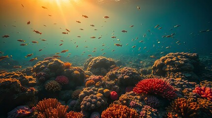 Obraz premium A vibrant reef teeming with colorful fish and corals bathed in warm, golden hour light, rendered in a strong, moody style with low contrast and soft light, evocative of sunrise or sunset