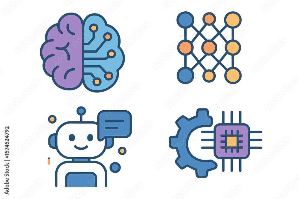 Poster complex representation of artificial intelligence concepts with neural networks, robotic elements, a