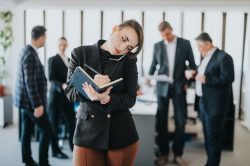 A young professional woman takes notes in her notebook while colleagues discuss business matters in...