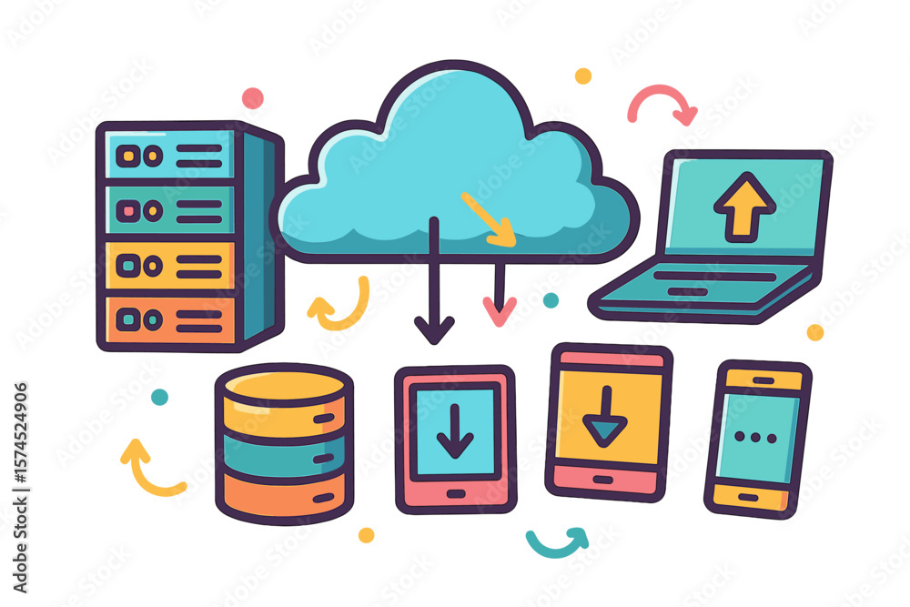 Poster cloud computing illustration showing data transfer between various devices and servers in a digital 